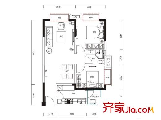 河畔新世界15、16棟標(biāo)準(zhǔn)層33C戶型 2室2廳1衛(wèi)1廚