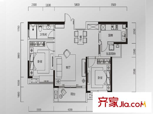 河畔新世界13號(hào)樓標(biāo)準(zhǔn)層18?M2戶型 2室2廳1衛(wèi)1廚