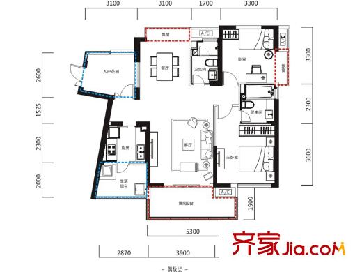 河畔新世界29棟標(biāo)準(zhǔn)層G戶型（售罄） 2室2廳2衛(wèi)1廚