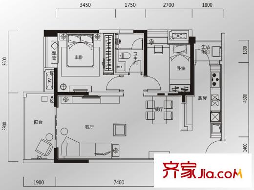 河畔新世界2號(hào)樓標(biāo)準(zhǔn)層39C戶型 2室2廳1衛(wèi)1廚