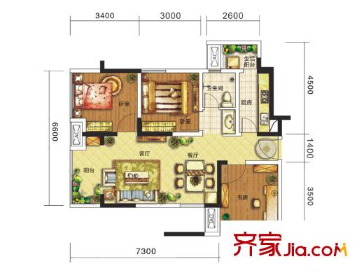 驛都城1期2、15棟C2戶型標(biāo)準(zhǔn)層 3室2廳1衛(wèi)1廚