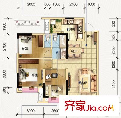 海亮彩悅府2、3號樓C3型標準層 3室2廳1衛(wèi)1廚