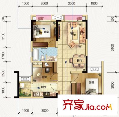 海亮彩悅府1、2、5棟A1戶型標準層 3室2廳1衛(wèi)1廚