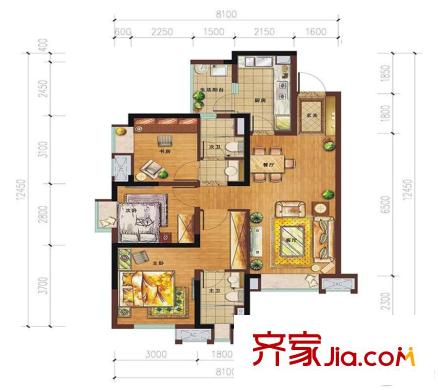 萬科城一期一批次4、5、8棟標準層B3戶型 3室2廳2衛(wèi)1廚