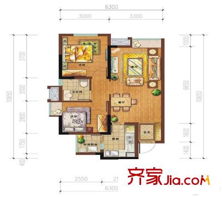 萬科城一期一批次4、5、8棟標準層B1戶型 2室2廳1衛(wèi)1廚