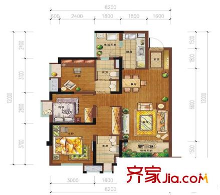萬科城一期一批次4、5、8棟標準層A3戶型 3室2廳2衛(wèi)1廚