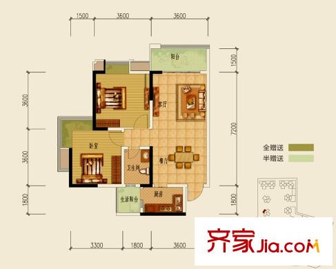 匯景新城9、21號(hào)樓標(biāo)準(zhǔn)層E1戶型 2室2廳1衛(wèi)1廚