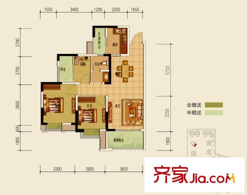匯景新城1、8、10號(hào)樓標(biāo)準(zhǔn)層D3戶型 3室2廳1衛(wèi)1廚