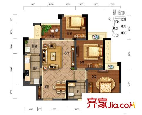 華宇西城雅郡1期3-7棟B4戶型 3室2廳1衛(wèi)1廚