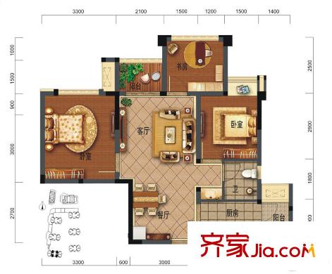 華宇西城雅郡1期6棟A2戶型 3室2廳1衛(wèi)1廚