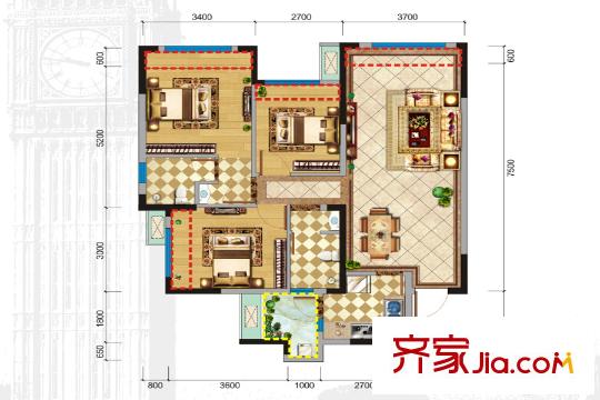 格林城10棟標準層D2戶型 3室2廳2衛(wèi)1廚