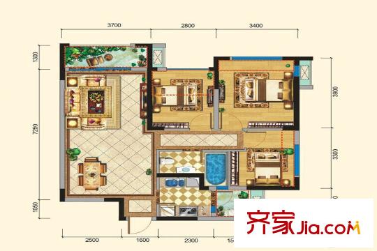 格林城12號樓C2戶型 3室2廳1衛(wèi)1廚