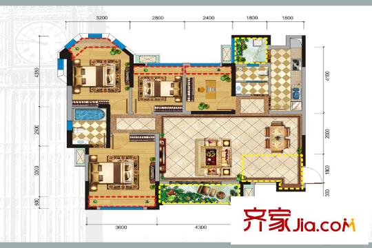 格林城10棟標(biāo)準(zhǔn)層D4戶型 4室2廳2衛(wèi)1廚