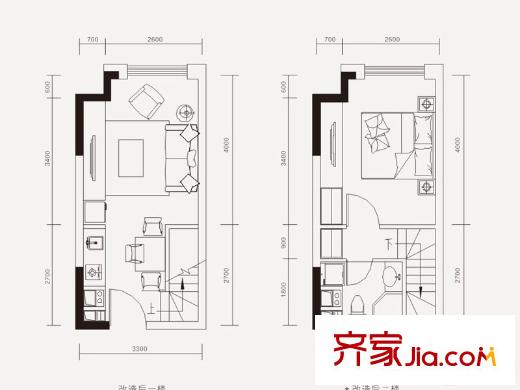 嘉年華青年城smart公寓一期2、3號(hào)樓LOFTS1戶型（售罄） 1室2廳1衛(wèi)1廚