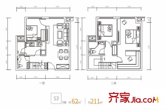 嘉年華青年城smart公寓6棟LOFT S3戶型 2室1廳1衛(wèi)1廚