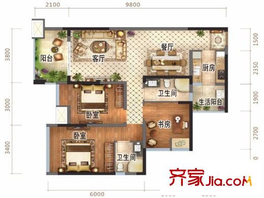萬錦城1、2號樓標(biāo)準(zhǔn)層D4戶型 3室2廳2衛(wèi)1廚
