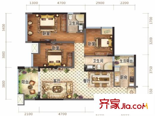 萬錦城1、2號樓標(biāo)準(zhǔn)層D5戶型 3室2廳2衛(wèi)1廚