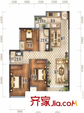 萬錦城1、2號樓標(biāo)準(zhǔn)層D3戶型 3室2廳2衛(wèi)1廚