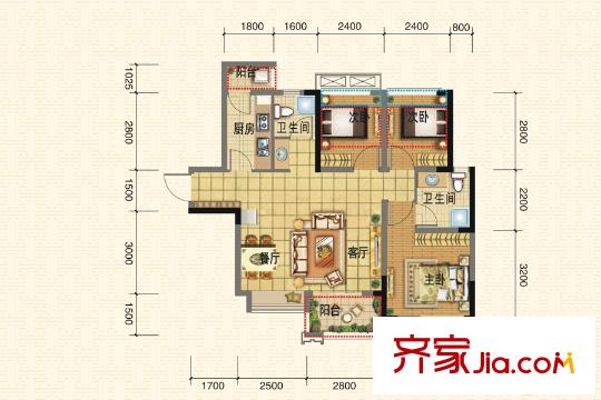北大資源燕楠國際二期云錦一期5號樓標(biāo)準(zhǔn)層B1-3戶型 3室2廳2衛(wèi)1廚