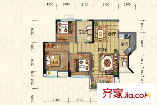 北大資源燕楠國際二期云錦一期5號樓標(biāo)準(zhǔn)層A3-4戶型 3室2廳1衛(wèi)1廚