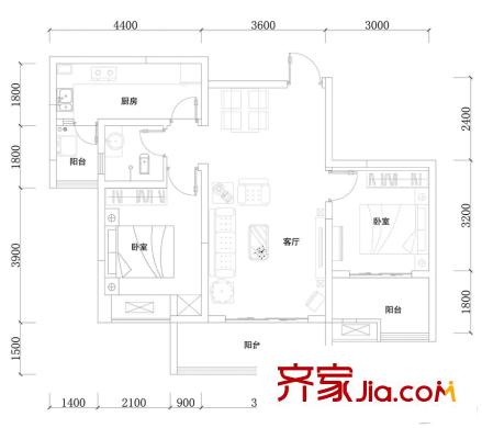 同創(chuàng)芳華美地一期4棟標(biāo)準(zhǔn)層D戶型 2室2廳1衛(wèi)1廚
