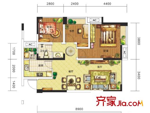 驛都城1期3、6棟B1戶型標(biāo)準(zhǔn)層 3室2廳1衛(wèi)1廚