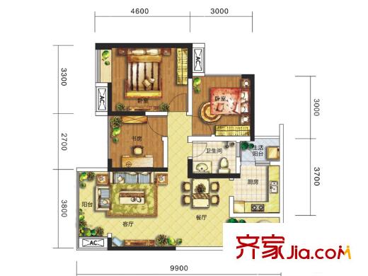 驛都城1期4、5棟A3戶型標(biāo)準(zhǔn)層 3室2廳1衛(wèi)1廚
