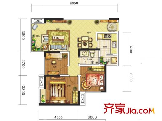 驛都城1期4、5棟A1戶型標(biāo)準(zhǔn)層 3室2廳1衛(wèi)1廚
