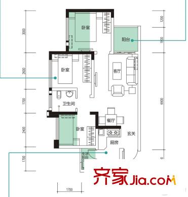 翔宇榜樣1、2、3、4棟標準層C1戶型 3室2廳1衛(wèi)1廚