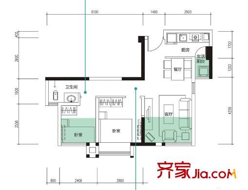 翔宇榜樣1、2、3、4棟標準層A5戶型 2室2廳1衛(wèi)1廚