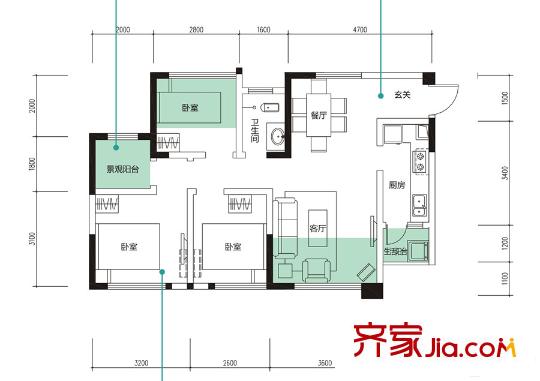 翔宇榜樣1、2、3、4棟標(biāo)準(zhǔn)層B1戶(hù)型 3室2廳1衛(wèi)1廚