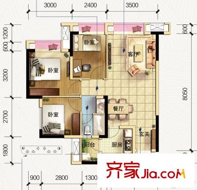 海亮彩悅府2、3號樓C1戶型標準層 3室2廳1衛(wèi)1廚