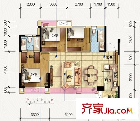 海亮彩悅府2、3號樓C2戶型標(biāo)準(zhǔn)層 3室2廳2衛(wèi)1廚
