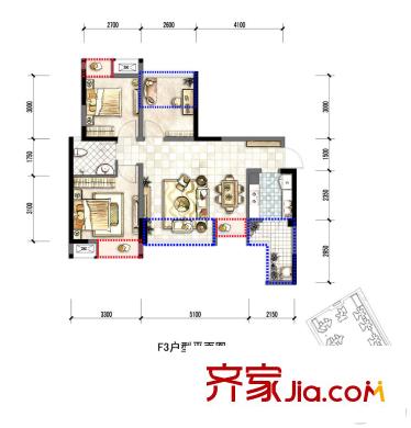 鼎犀名城一期9、11棟標準層F3戶型 3室2廳1衛(wèi)1廚