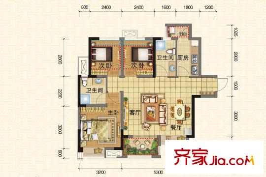 北大資源燕楠國際二期云錦一期5號樓標(biāo)準(zhǔn)層B1-1戶型 3室2廳2衛(wèi)1廚