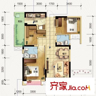 海亮彩悅府1、2、5號樓A3戶型標準層 2室2廳2衛(wèi)1廚