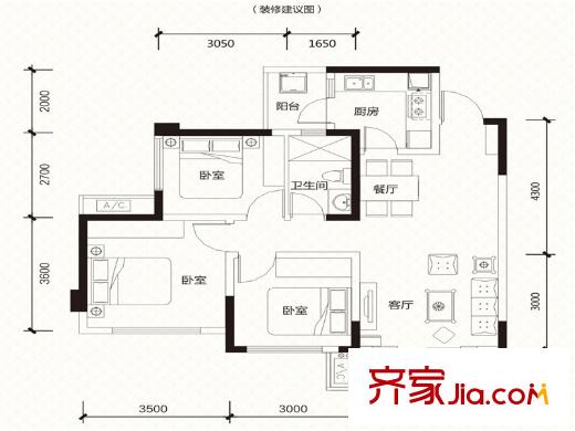 南湖逸家二期3棟標準層C3戶型 3室2廳1衛(wèi)1廚