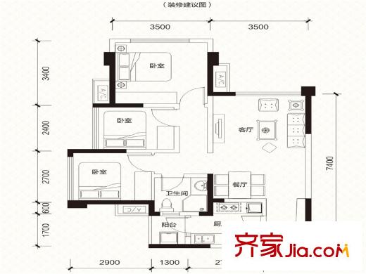 南湖逸家二期3棟標準層C1戶型 3室2廳1衛(wèi)1廚