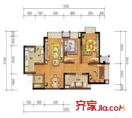 萬科城一期一批次4、5、8棟標準層B2戶型 3室2廳2衛(wèi)1廚
