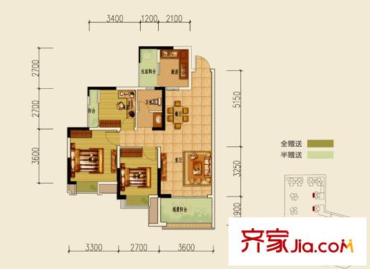 匯景新城5-7、15-17號(hào)樓標(biāo)準(zhǔn)層C3戶型 3室2廳1衛(wèi)1廚