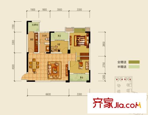 匯景新城4、11-14號(hào)樓標(biāo)準(zhǔn)層A2戶型 3室2廳1衛(wèi)1廚