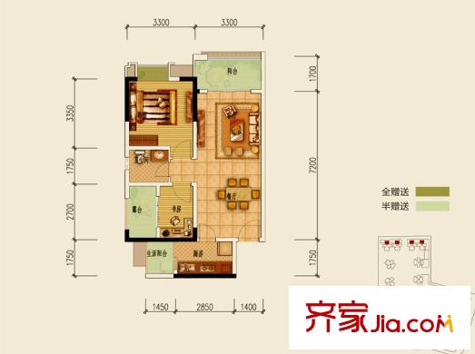 匯景新城4、11-14號(hào)樓標(biāo)準(zhǔn)層A1戶型 2室2廳1衛(wèi)1廚