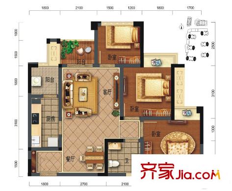 華宇西城雅郡1期3-7、9棟B1戶型 3室2廳1衛(wèi)1廚