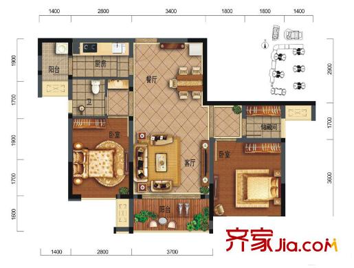 華宇西城雅郡1期3-7棟B2戶型 3室2廳1衛(wèi)1廚
