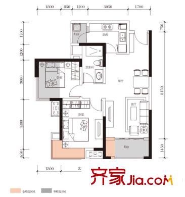 綠地城一期8#樓標(biāo)準(zhǔn)層E1戶型 2室2廳1衛(wèi)1廚