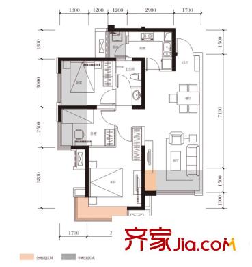 綠地城一期5棟二期15棟標(biāo)準(zhǔn)層C3戶型 3室2廳1衛(wèi)1廚