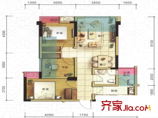 海亮樾金沙一期1-4、8號樓標準層D戶型 3室2廳1衛(wèi)1廚