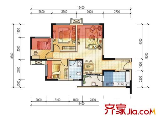 藍(lán)光幸福滿庭二期10.11棟標(biāo)準(zhǔn)層B1戶型（售罄） 3室2廳1衛(wèi)1廚