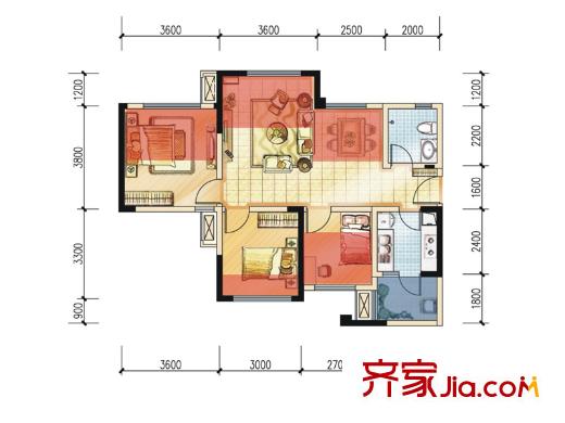 藍(lán)光幸福滿庭二期6.7.8.9.12棟標(biāo)準(zhǔn)層A4戶型（售罄） 3室2廳1衛(wèi)1廚