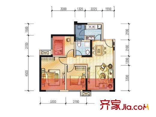 藍(lán)光幸福滿庭二期6.7.8.9.12棟標(biāo)準(zhǔn)層A3戶型（售罄） 3室2廳1衛(wèi)1廚